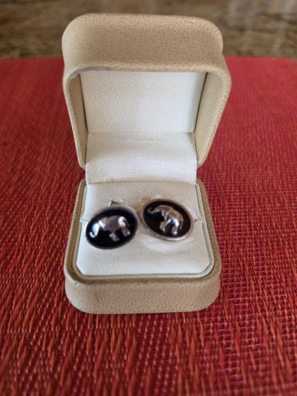 Vintage Silver & Black Enamel Elephant Lucky Upturned Trunk Oval Cufflinks - EUC